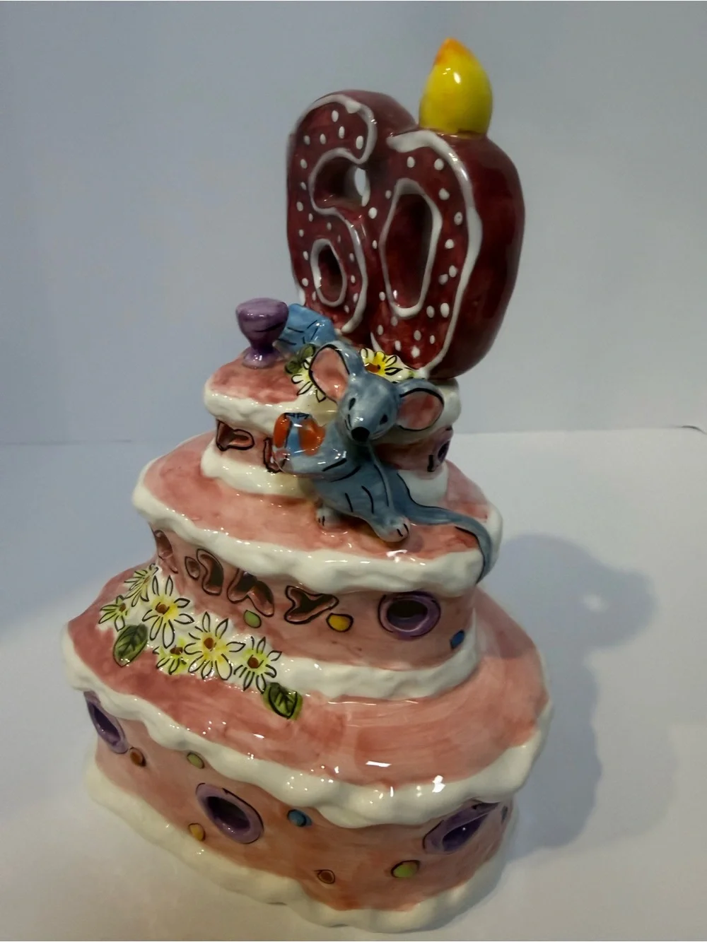 Pink 60th Birthday Tiered Cake Topper Figurine with Mouse